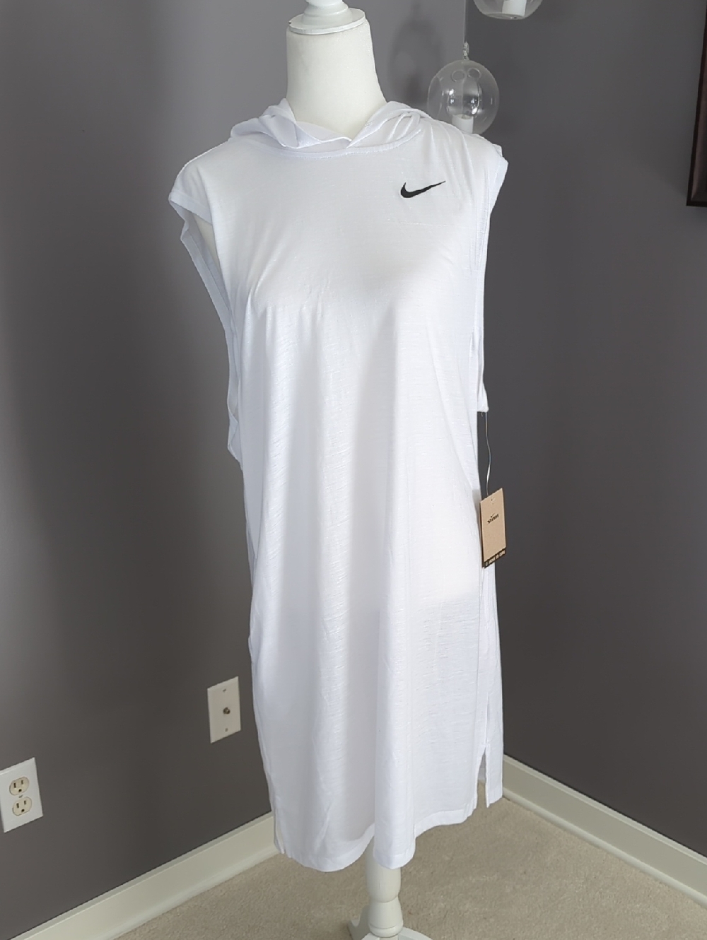 Nike White Sleeveless Hooded Coverup With Black Swoosh